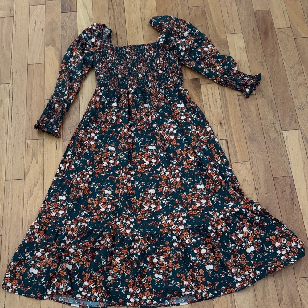 SHEIN | Floral Long Sleeve | Milkmaid Dress | Forest Green/Persimmon Color | XL